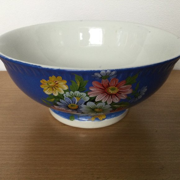 Vintage hand painted blue with chrysanthemum flowers bowl American Rose Society - Picture 2 of 7